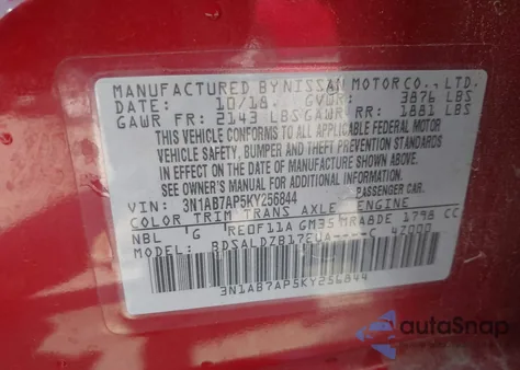 2019 Nissan Sentra Sv z USA, uszkodzony, nr VIN 3N1AB7AP5KY256844
